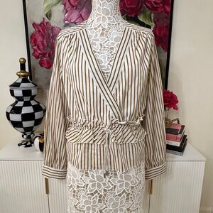 Robert Rodriguez Women's Mariel Stripe V-Neck Ruffle Blouse Gold White Sz 12 NWT